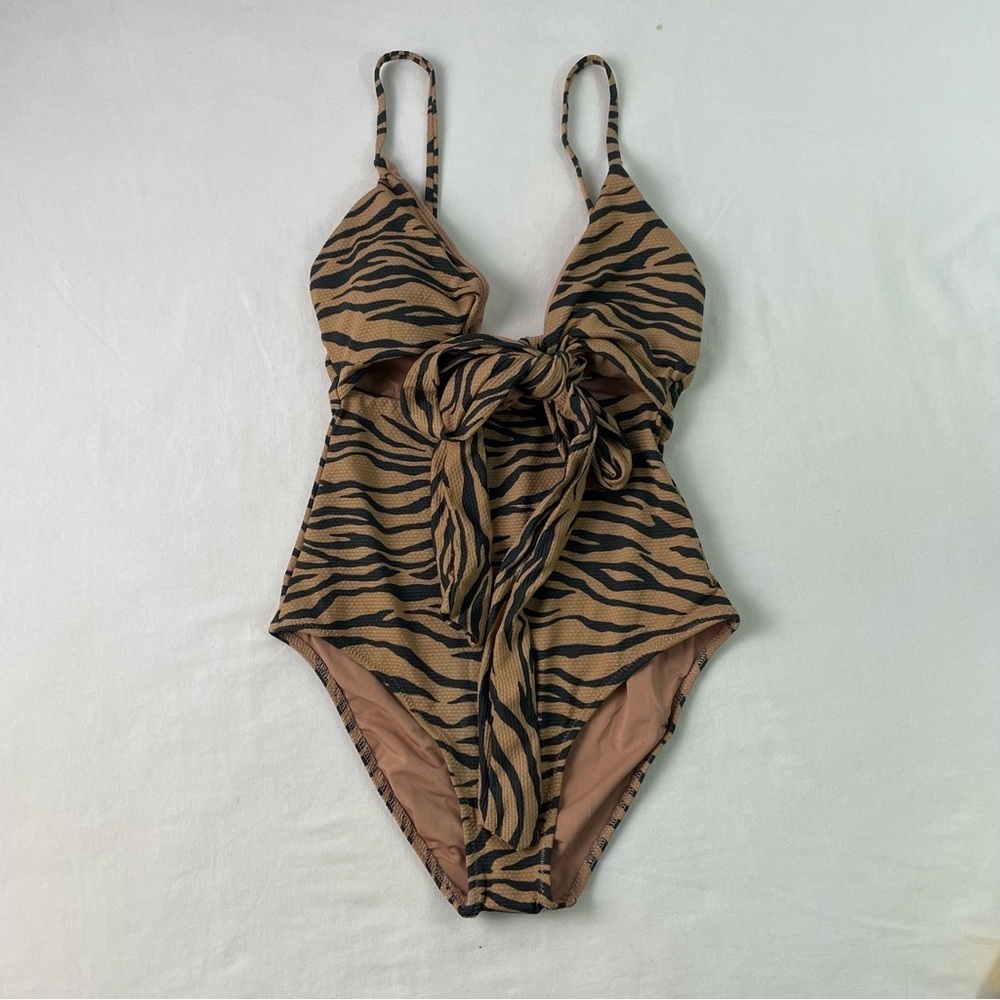 Aerie Women Tan Black Animal Print Full Coverage One Piece Swimsuits Size XS NWT